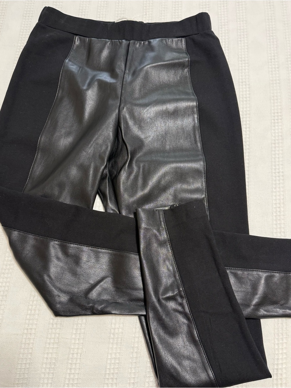 Elie Tahari Black Mixed-Media Faux Leather Leggings with Knit Side Panels